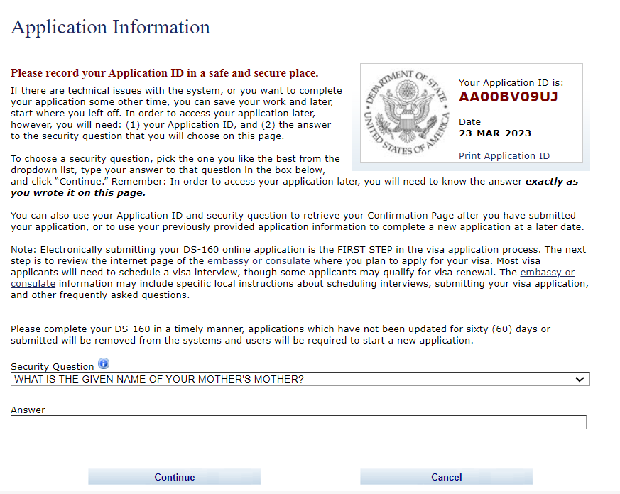 DS160 Application ID