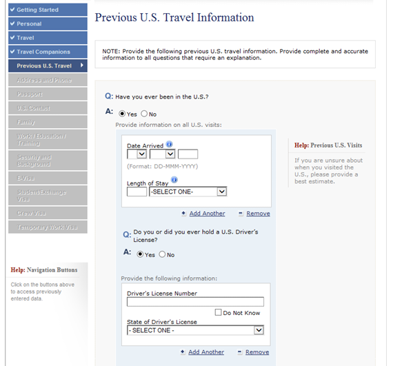 DS160 Previous US Travel Information