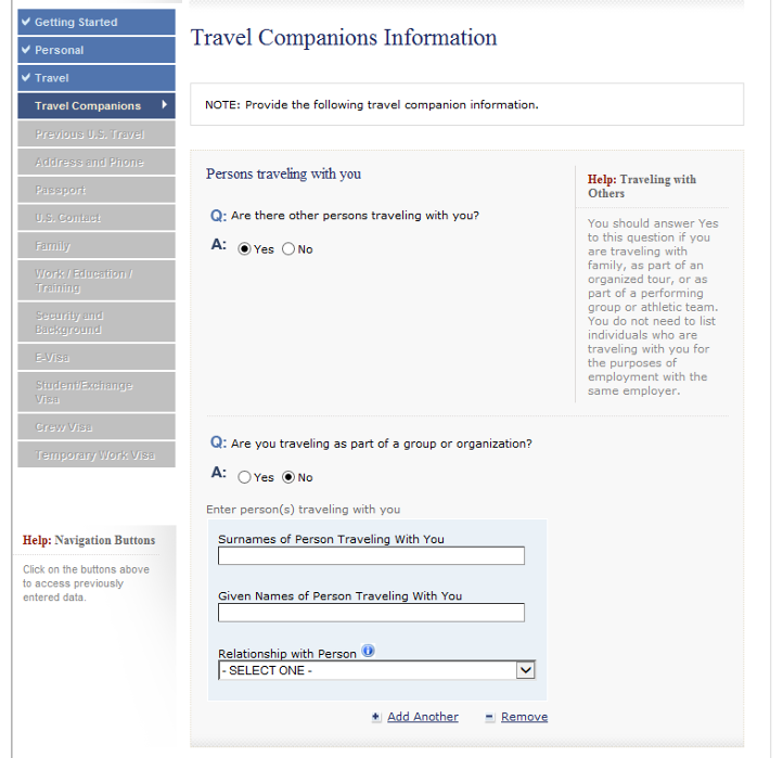 DS160 Travel Companion Information