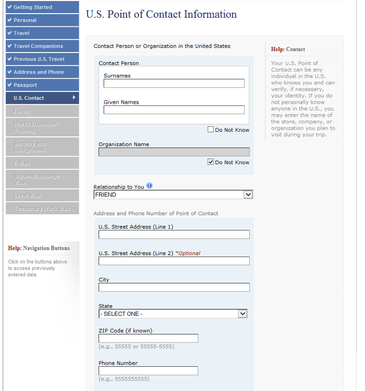 DS160 US Point of Contact Information